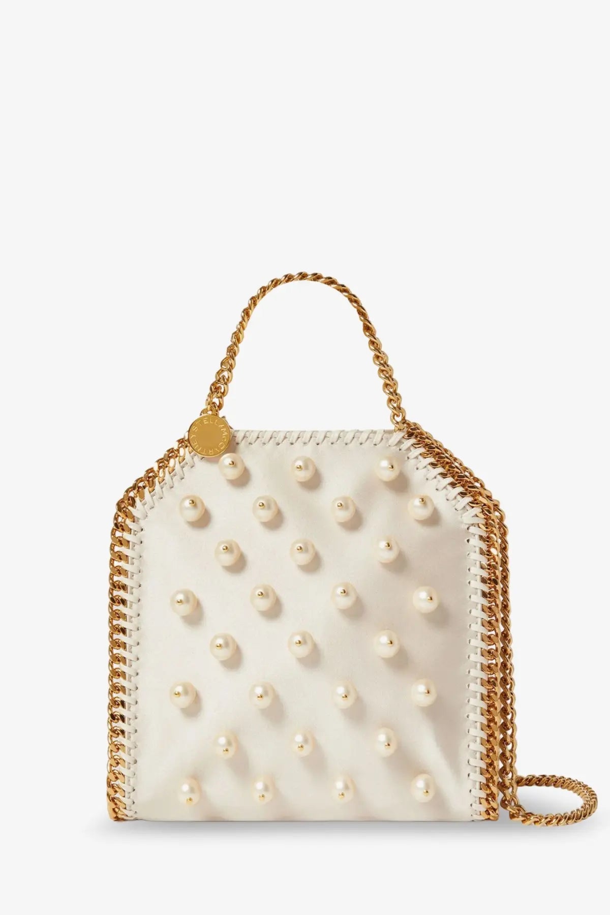 Stella McCartney women’s falabella satin crossbody bag white with white pearl embellishments and gold-tone chain handles