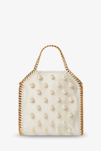 Stella McCartney women’s white satin falabella crossbody bag with pearl details gold-tone chain handle and stitched edges