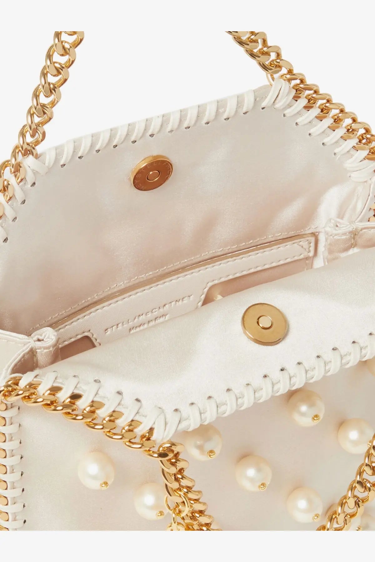 Stella McCartney women’s falabella satin crossbody bag in white with pearl-embellished chain strap and gold-tone hardware