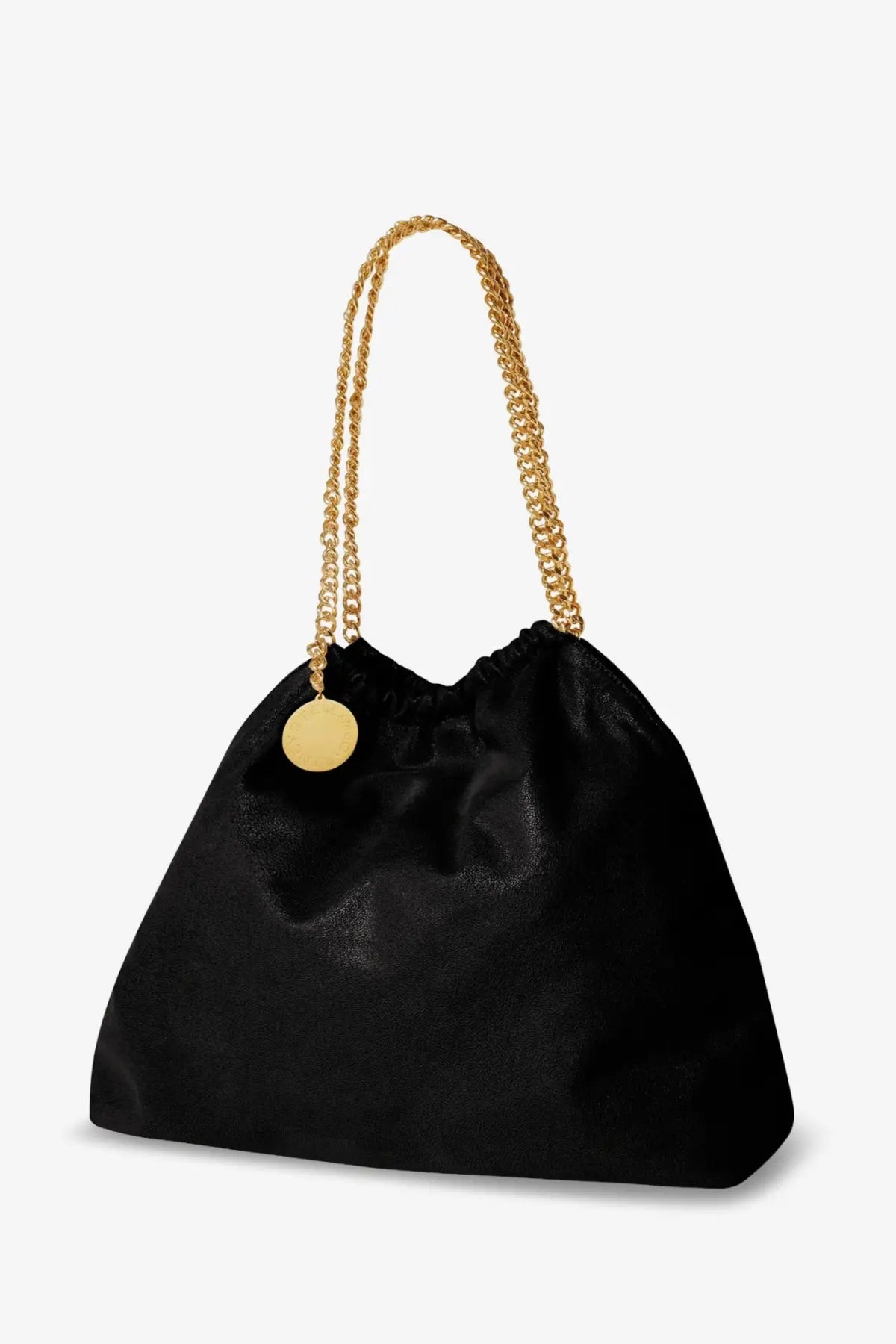 Stella McCartney women’s black satin Falabella shaggy deer tote bag with gold chain straps and circular pendant