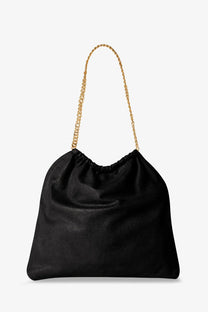 Stella McCartney women’s falabella black leather drawstring tote bag with gold chain strap for shoulder wear