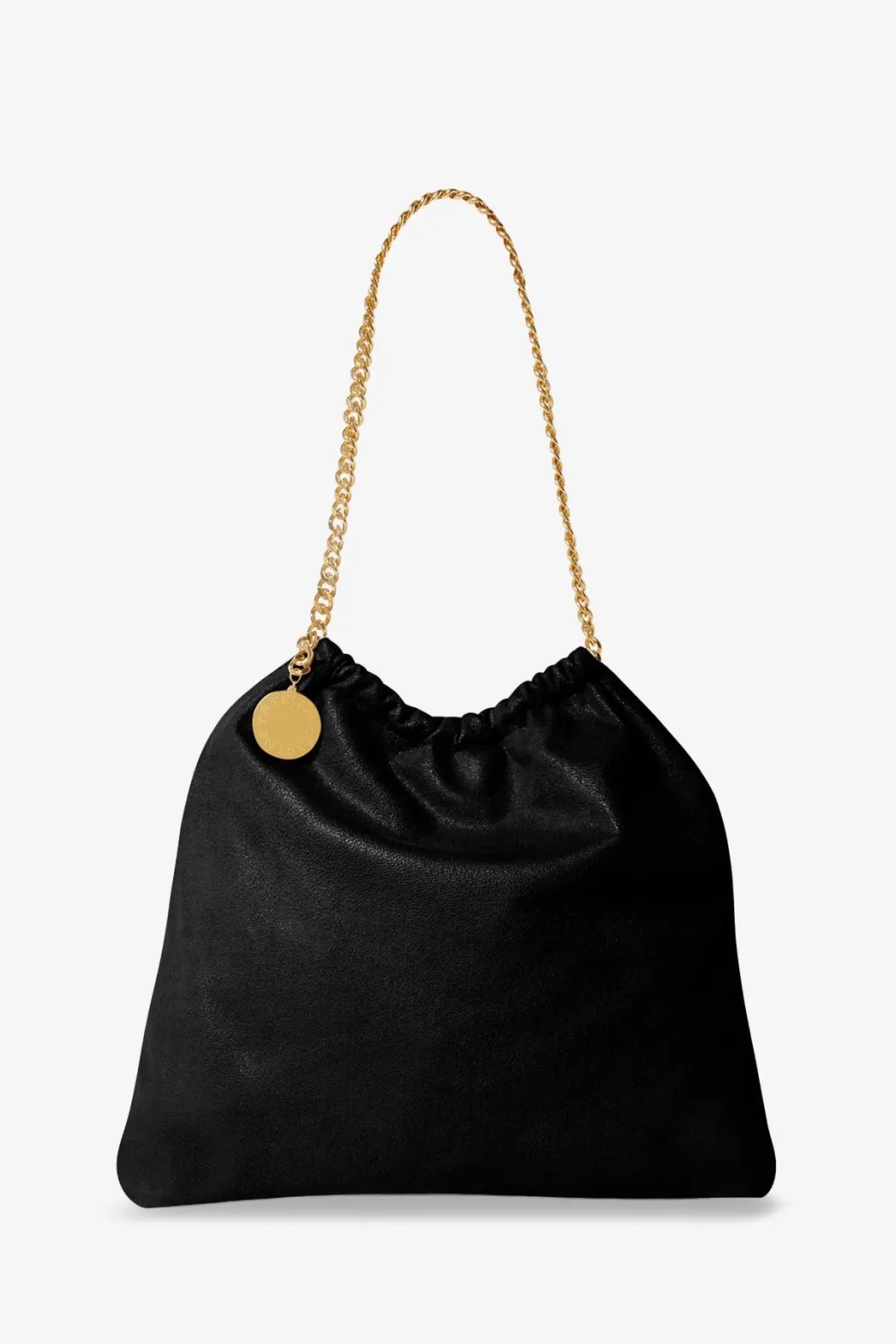 Black leather Stella McCartney falabella shaggy deer tote bag with gold chain strap and circular metal tag