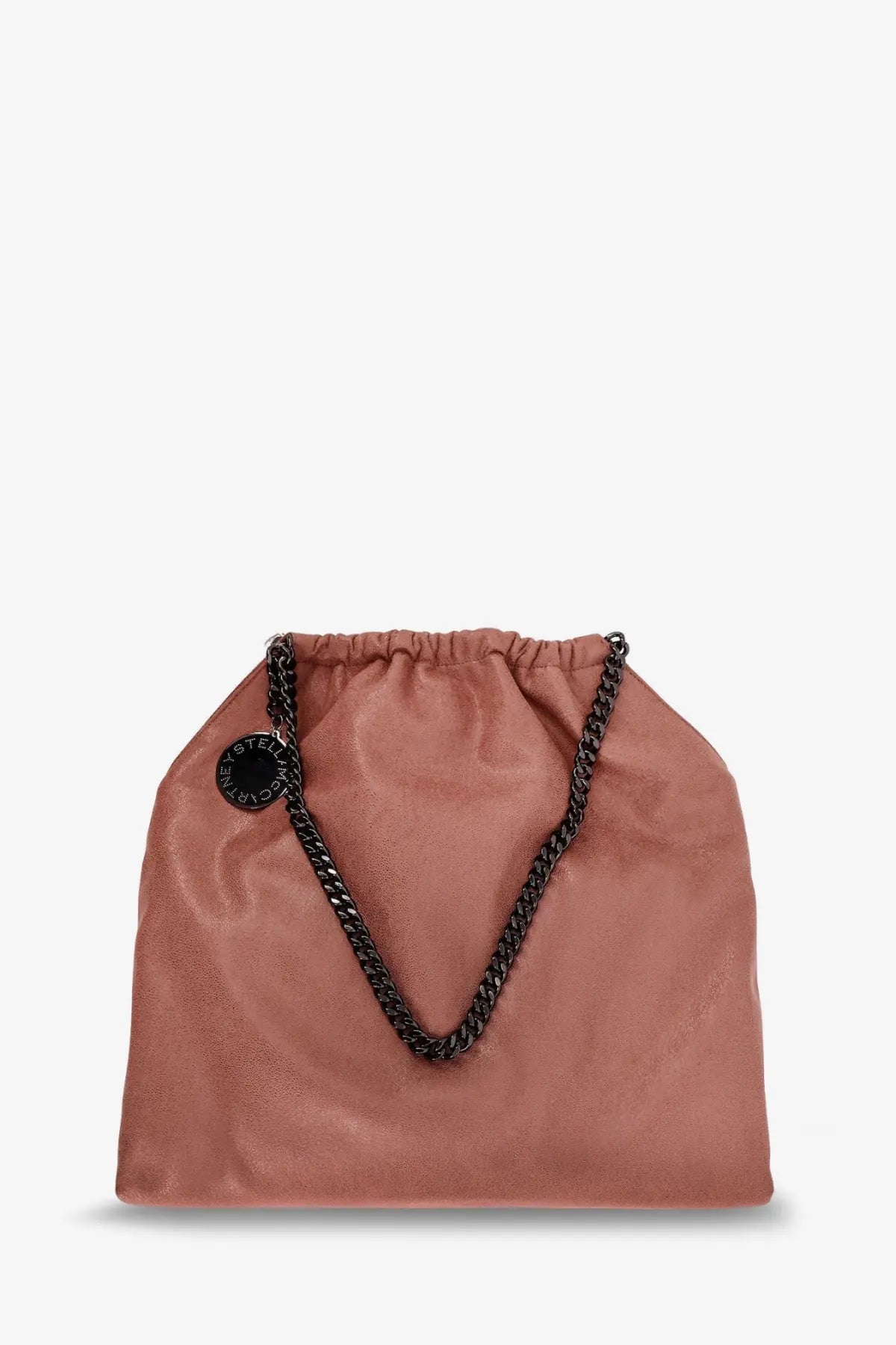 Stella McCartney women’s Falabella shaggy deer shoulder bag in dusty rose leather with black chain strap and metal logo tag