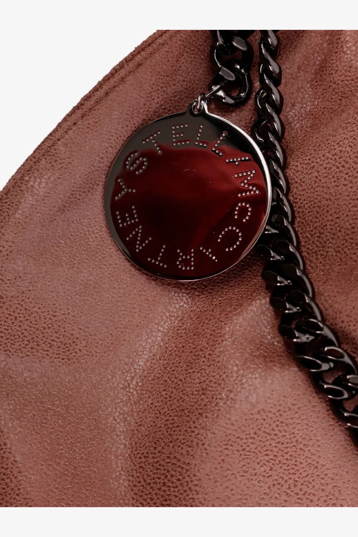 Stella McCartney women’s falabella shaggy deer shoulder bag in brown leather with black chain strap and red medallion badge