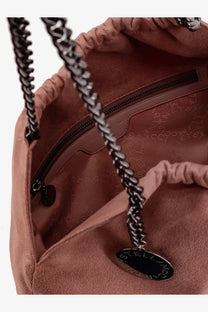 Stella McCartney women’s falabella shaggy deer shoulder bag brown dusty rose suede with black chain strap and metal tag