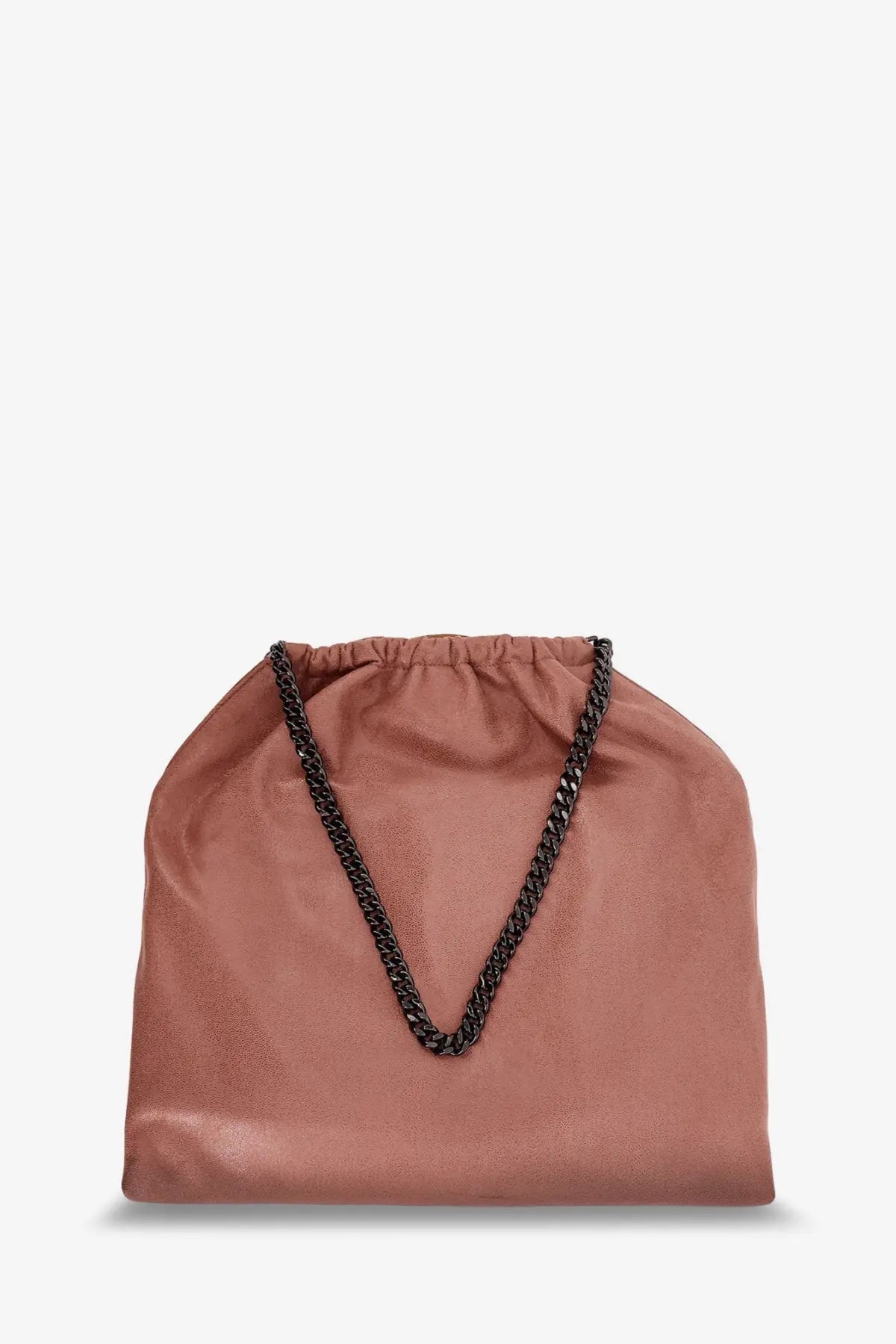 Stella McCartney women’s dusty rose leather drawstring bag with black chain strap from the Falabella Shaggy Deer line