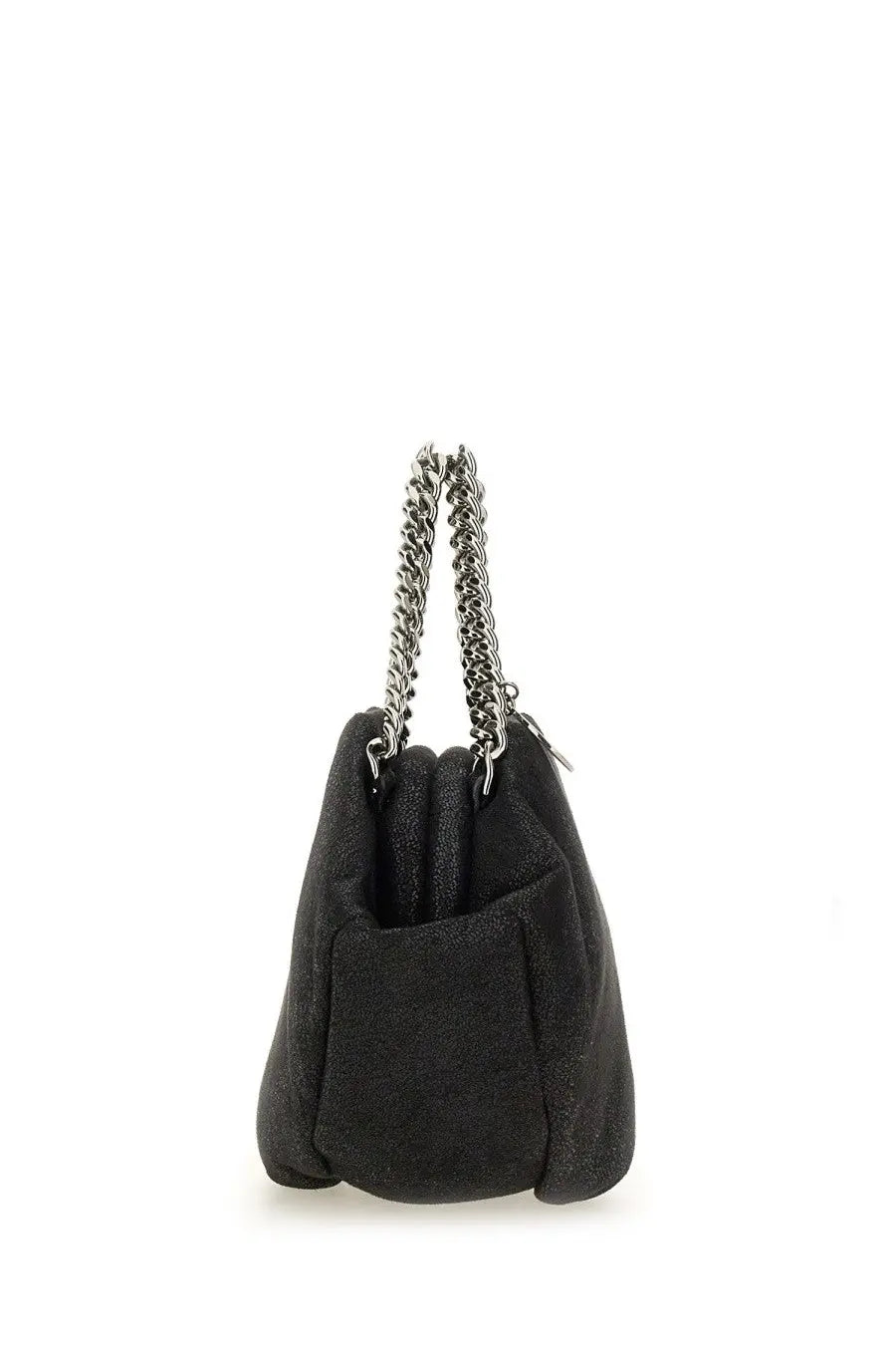 Stella McCartney women’s falabella black suede bucket bag with silver chain strap for shoulder wear