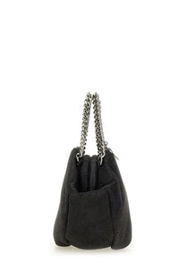 Stella McCartney women’s falabella black suede bucket bag with silver chain strap for shoulder wear