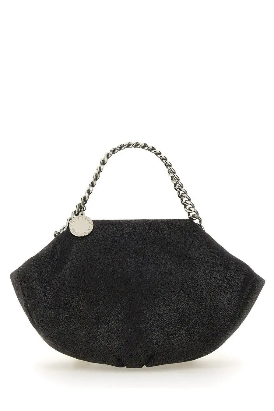 Stella McCartney women’s black suede falabella shoulder bag with twisted metal chain handle and silver circular brand tag
