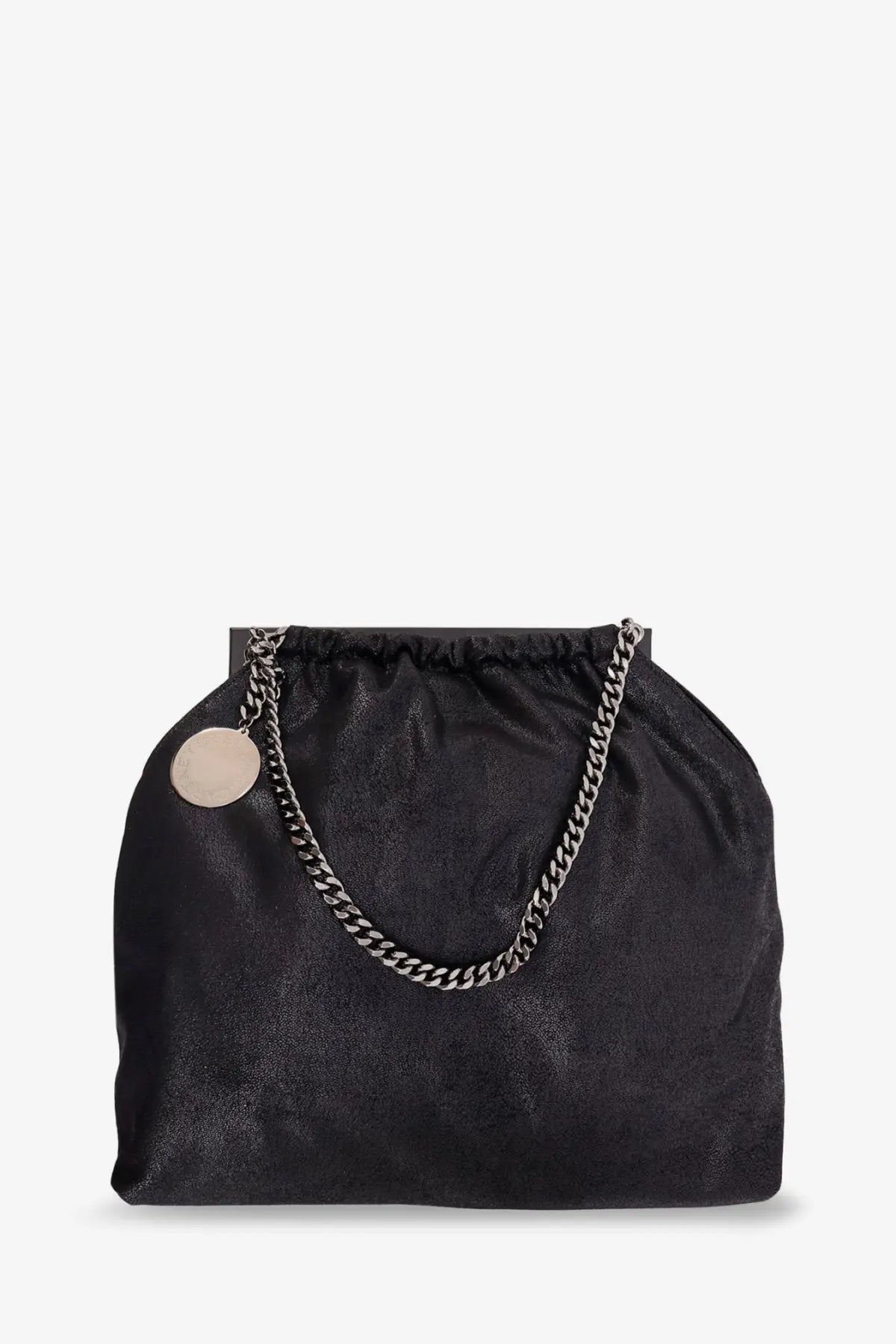 Stella McCartney women’s falabella shoulder bag black textured fabric tote with silver chain strap and circular metal tag