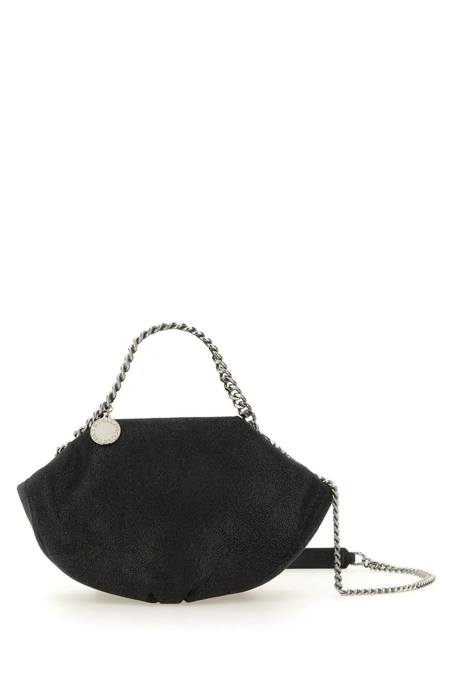 Black textured suede stella mccartney falabella shoulder bag with silver chain handle and shoulder strap