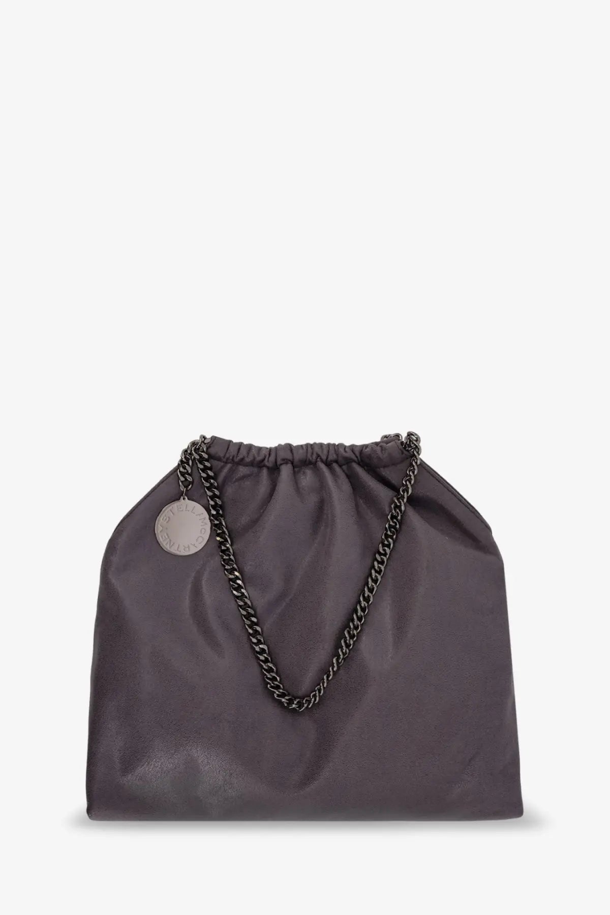Stella McCartney women’s falabella shoulder bag in brown with a dark gray drawstring, black chain strap, and metal tag