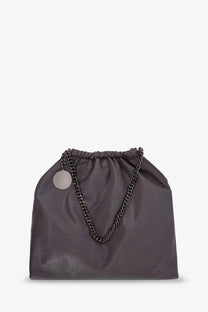 Stella McCartney women’s falabella shoulder bag in brown with a dark gray drawstring, black chain strap, and metal tag