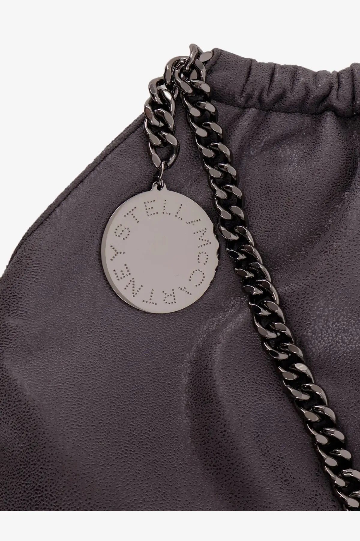 Stella McCartney women’s falabella shoulder bag in dark gray suede with black chain strap and silver logo tag