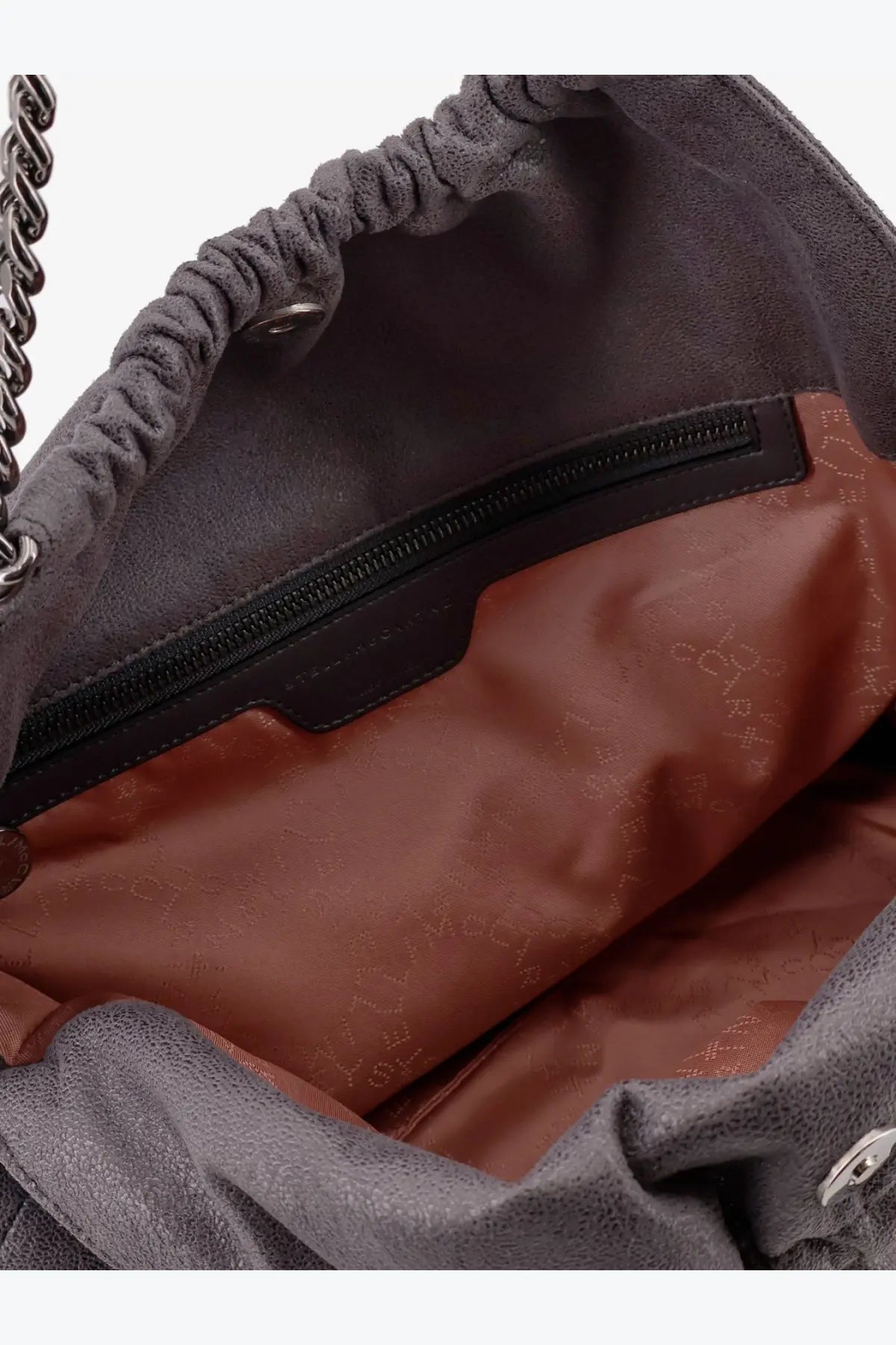 Stella McCartney women’s falabella shoulder bag brown with gray suede bucket bag and brown interior lining with black zipper