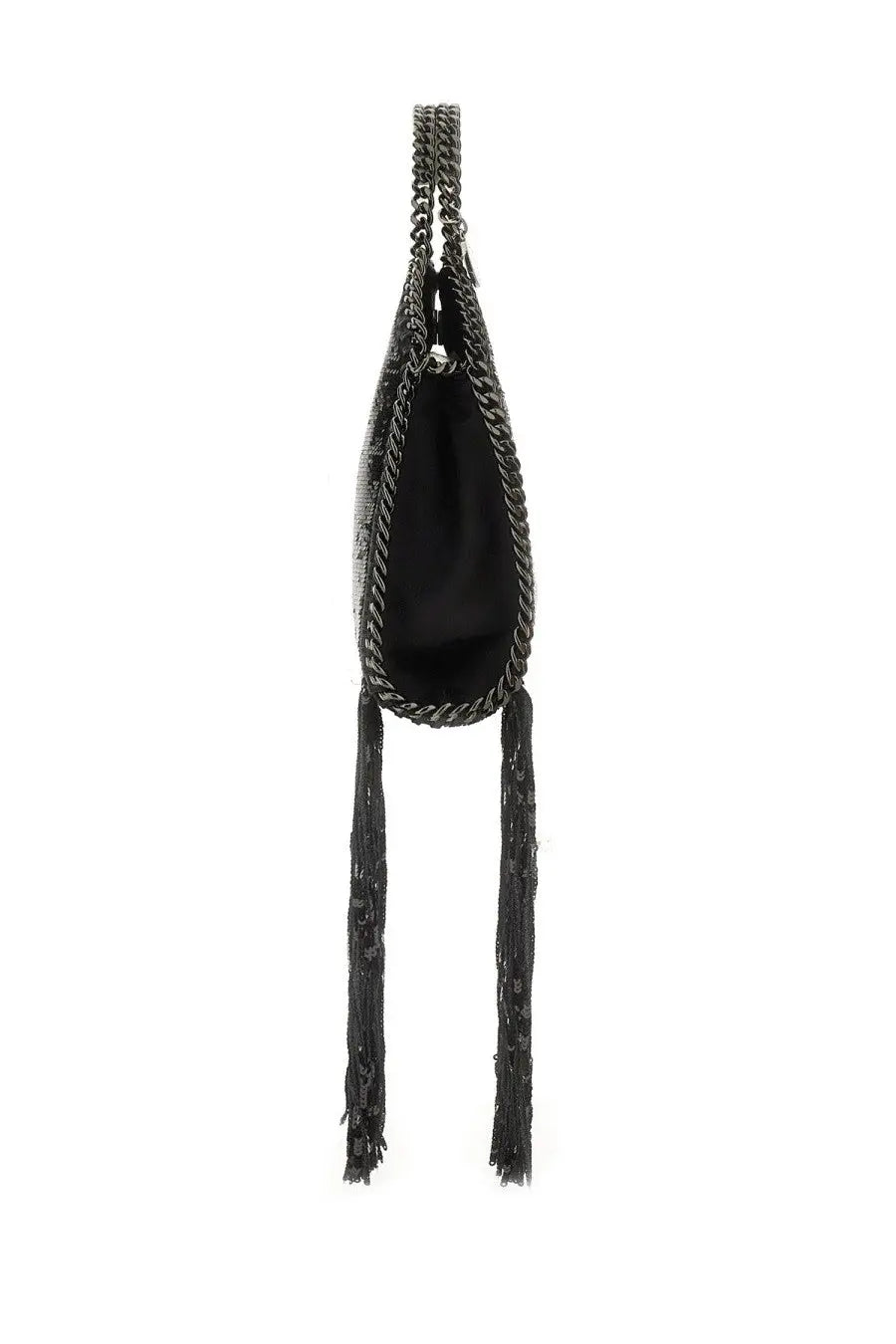 Stella McCartney women’s falabella tote bag black with black chain-link, textured beaded exterior, and long tassel fringe