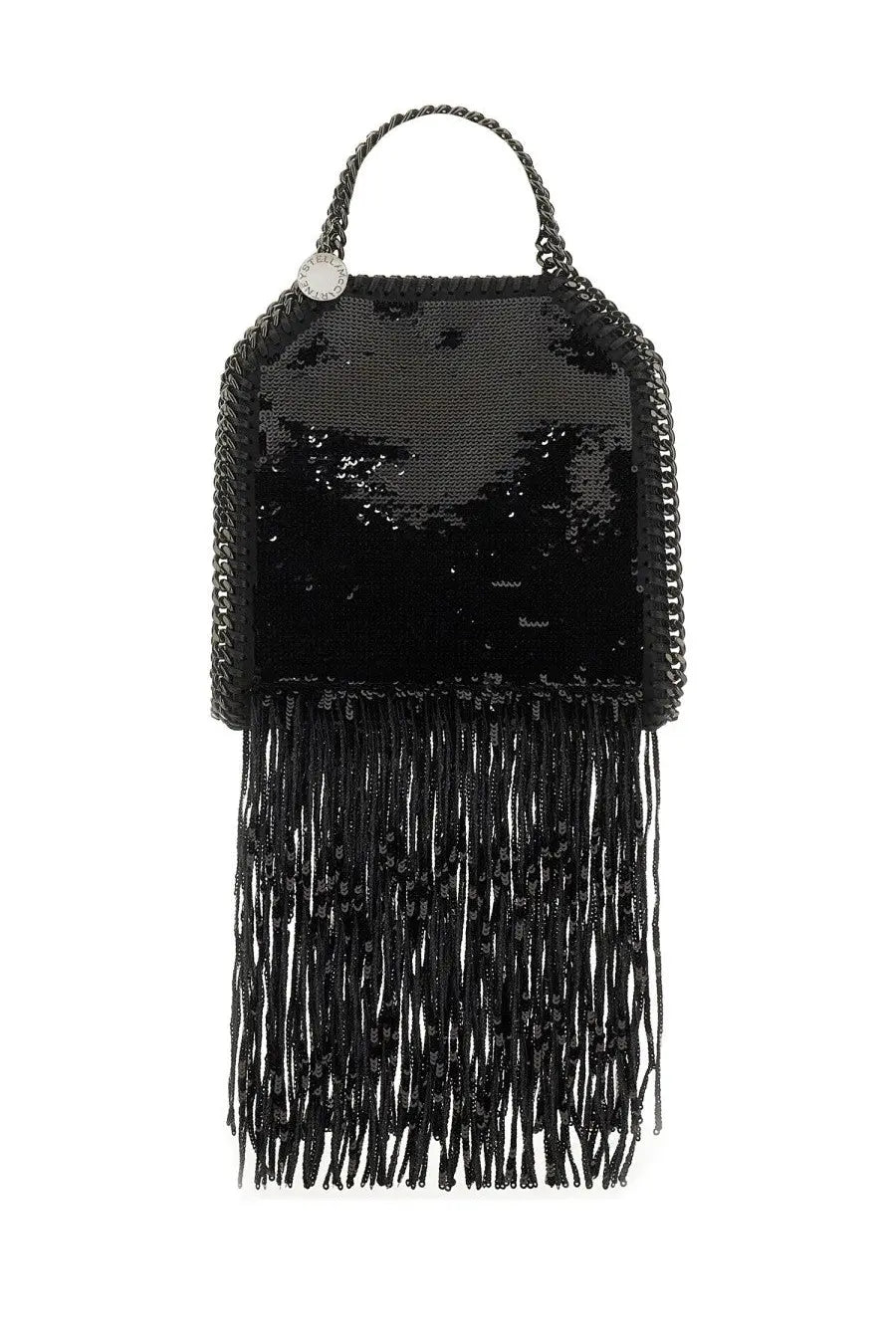 Stella McCartney women’s Falabella tote bag in black with sequins, chain handle, and fringe detailing