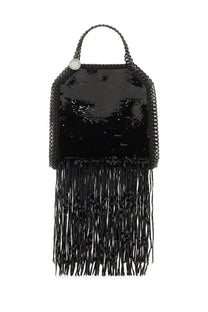 Stella McCartney women’s Falabella tote bag in black with sequins, chain handle, and fringe detailing