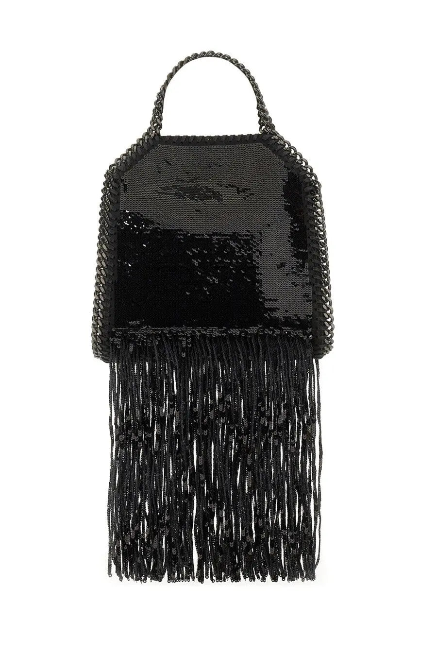 Stella McCartney women’s Falabella tote bag in black sequined fabric with braided chain handle and matching fringe details
