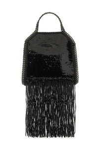Stella McCartney women’s Falabella tote bag in black sequined fabric with braided chain handle and matching fringe details