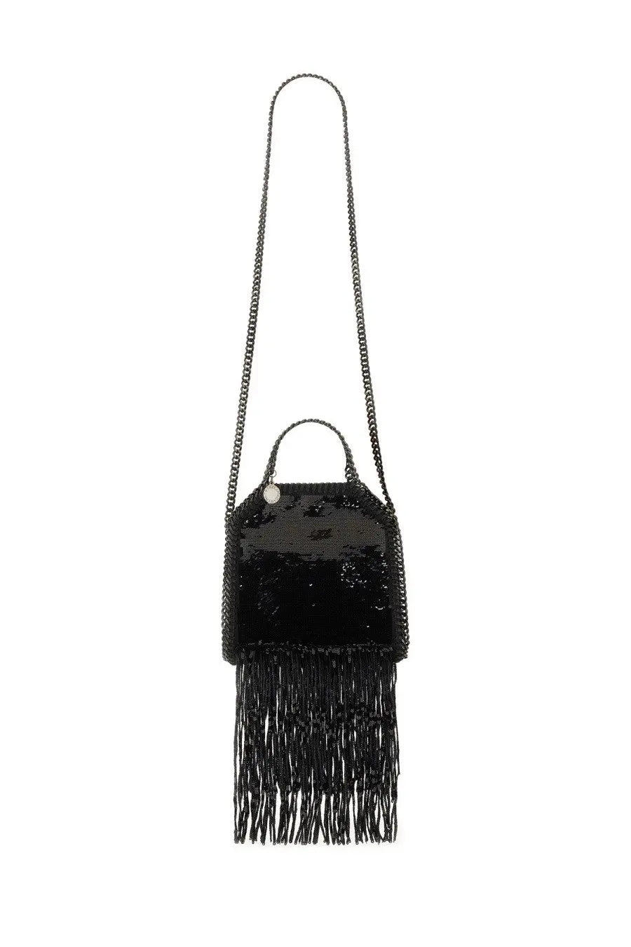 Black sequined stella mccartney falabella mini tote bag with chain strap and fringe detailing