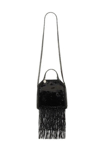 Black sequined stella mccartney falabella mini tote bag with chain strap and fringe detailing