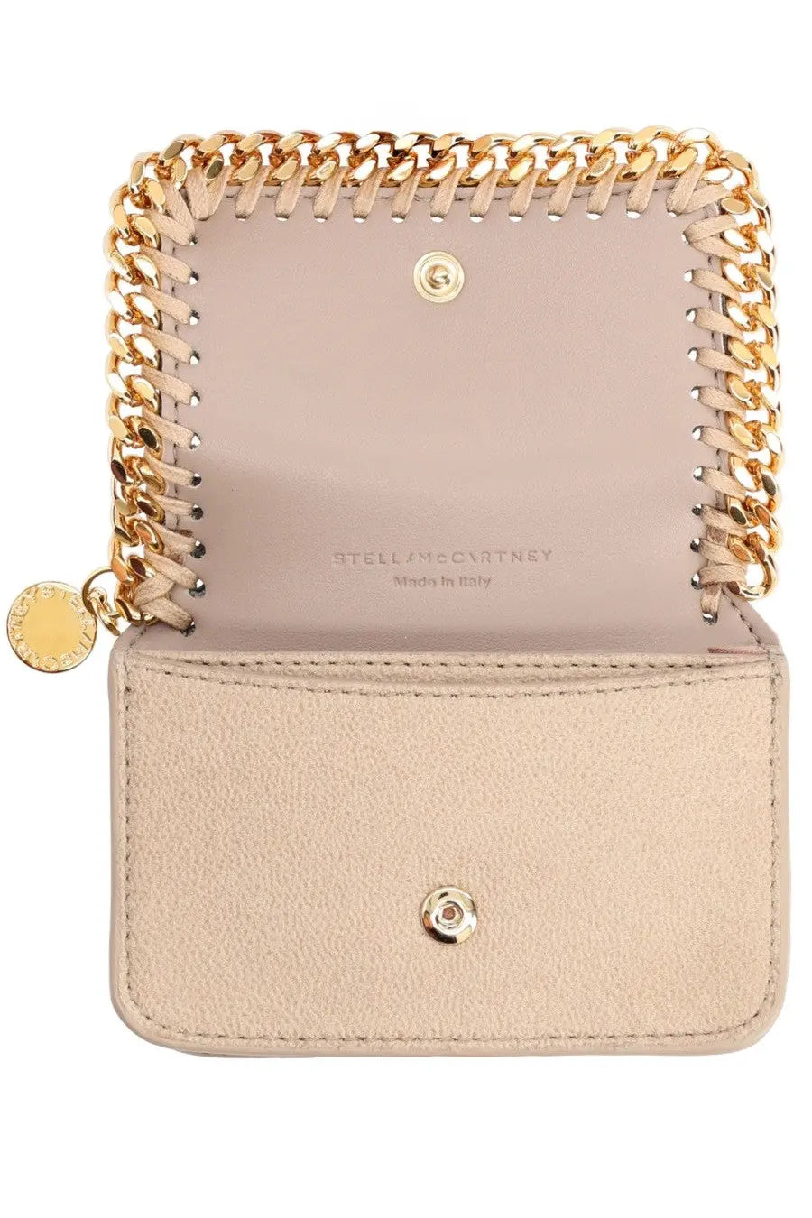 Beige leather Stella McCartney women’s Falabella wallet with gold-tone chain trim and circular metal clasp