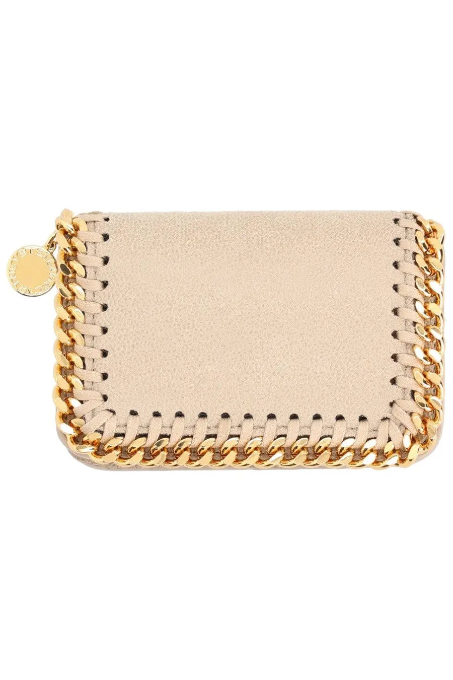 Stella McCartney women’s beige suede falabella chain wallet with gold-tone links and circular logo tag
