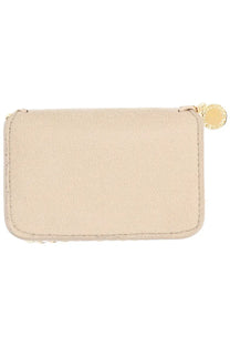 Beige suede zippered card case with gold tone circular pull tab from stella mccartney womens falabella wallet