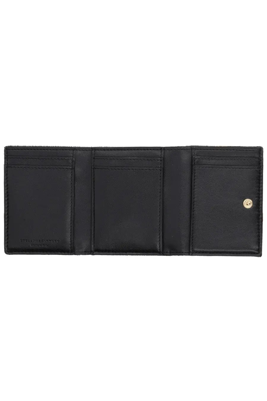 Stella McCartney women’s Falabella black leather trifold wallet with gold-tone snap closure and embossed logo on inner flap