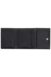 Stella McCartney women’s Falabella black leather trifold wallet with gold-tone snap closure and embossed logo on inner flap