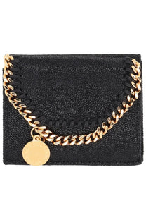 Stella mccartney women’s falabella wallet black suede card holder with gold-tone chain and circular pendant