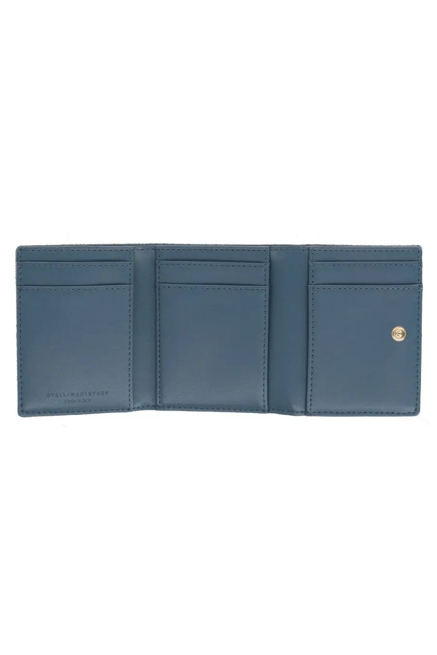 A sleek navy blue leather trifold wallet with precise stitching and gold-tone snap closure by Stella McCartney