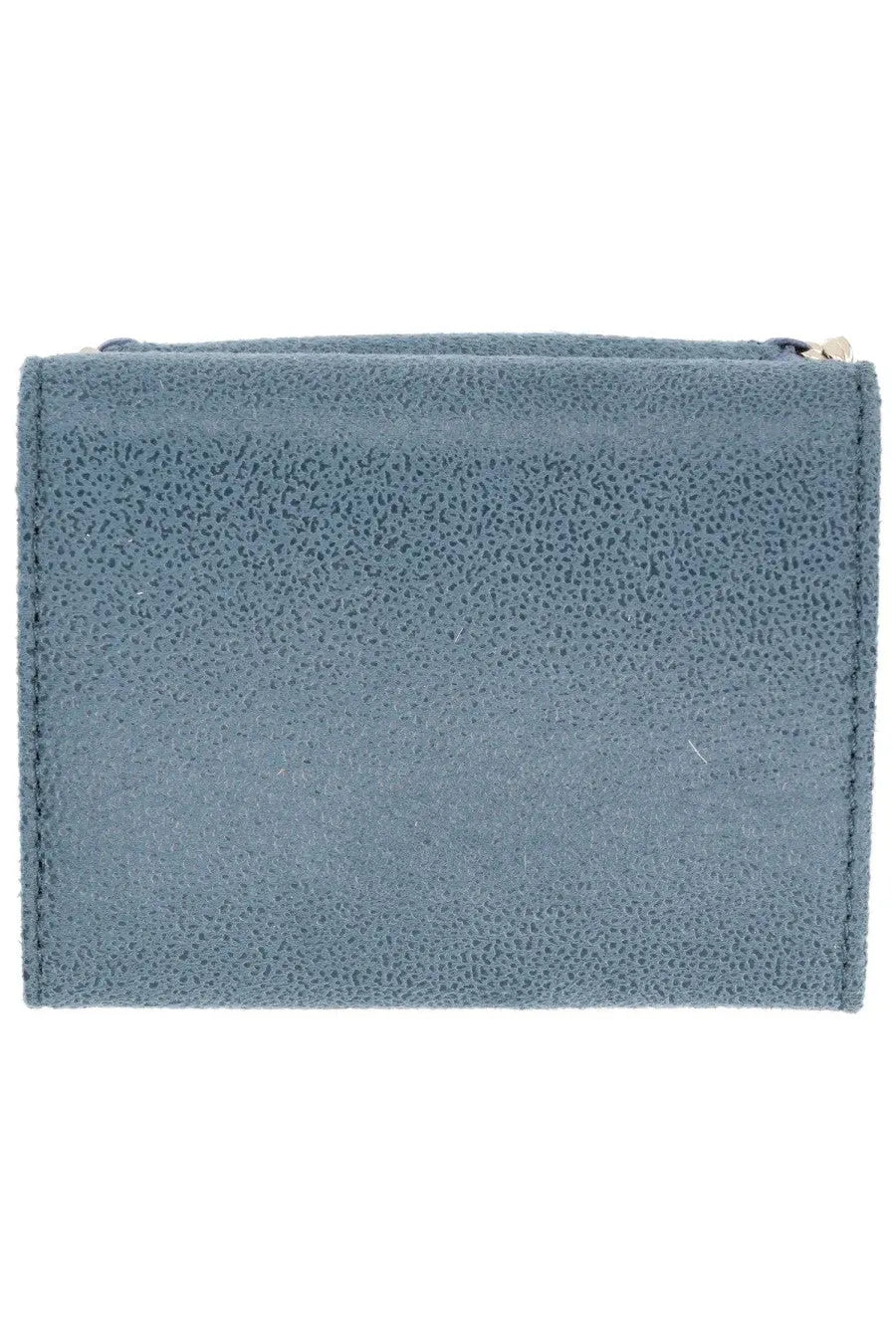 A sleek slate-blue suede zippered womens wallet with textured surface and metallic pull by Stella McCartney