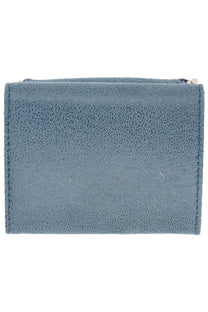 A sleek slate-blue suede zippered wallet with textured surface and metallic pull by Stella McCartney Falabella
