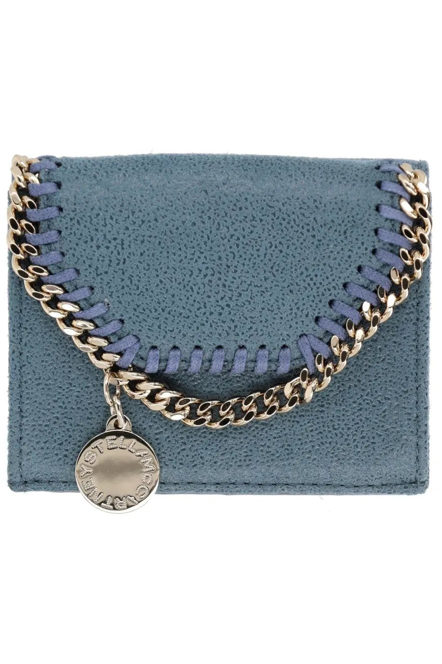 Stella McCartney women’s blue suede Falabella wallet with gold-tone chain and matching circular pendant