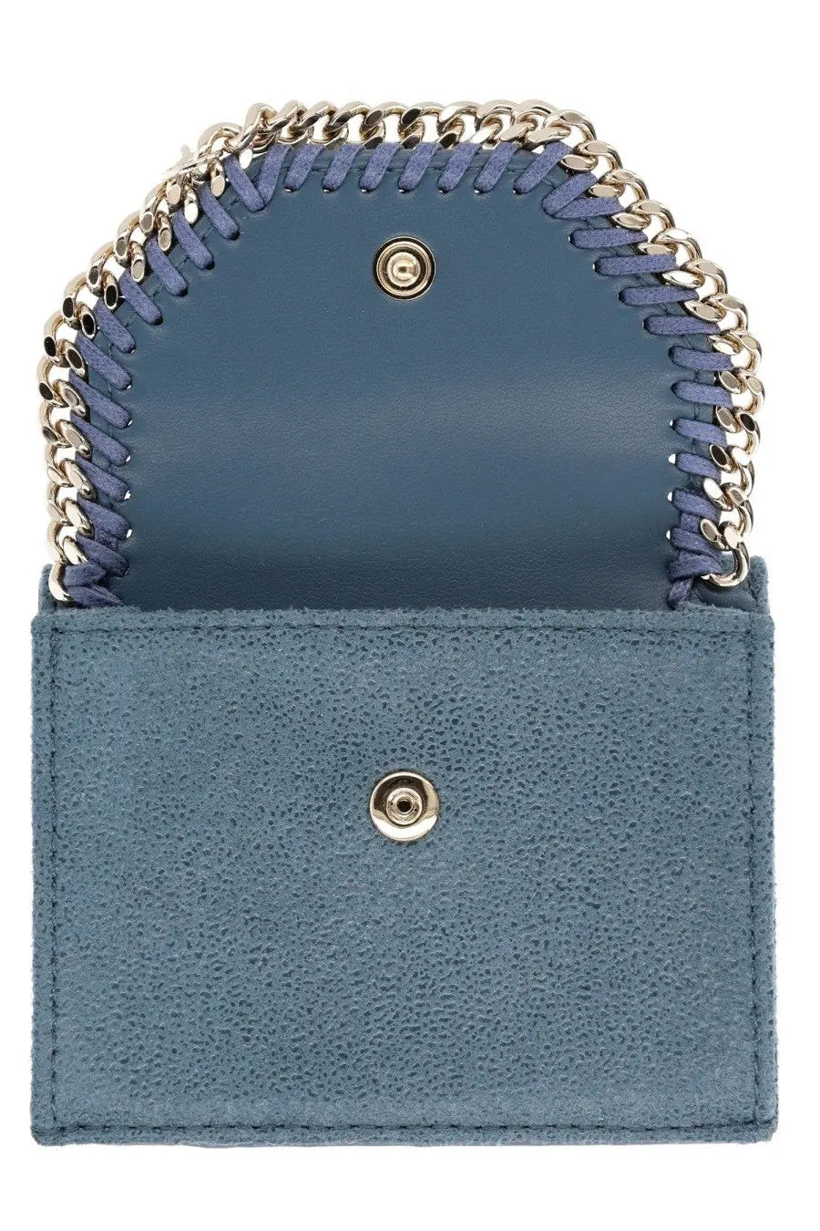 Stella McCartney women’s falabella blue suede mini wallet with gold-tone chain strap stitched along the top edge