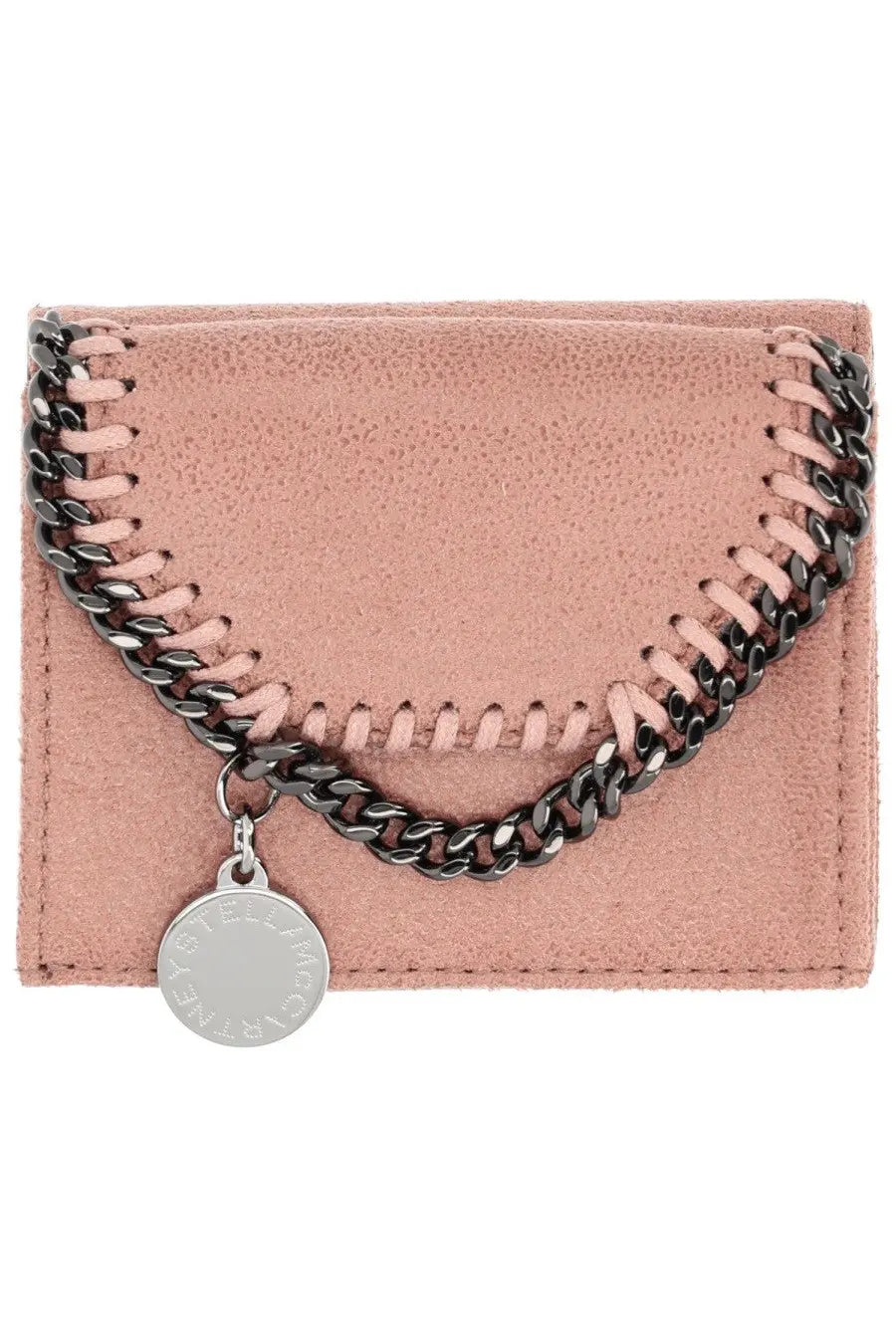 Stella McCartney women’s falabella wallet in dusty rose suede with black chain strap and silver-tone circular pendant