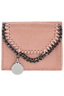 Stella McCartney women’s falabella wallet in dusty rose suede with black chain strap and silver-tone circular pendant