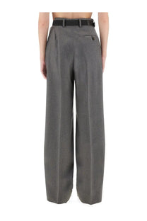 Stella McCartney women’s gray flannel wide-leg trousers with subtle textured weave and black belt