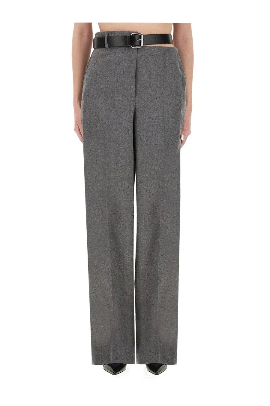 Stella mccartney women’s grey flannel pants with a tailored structured fit and black belt detail