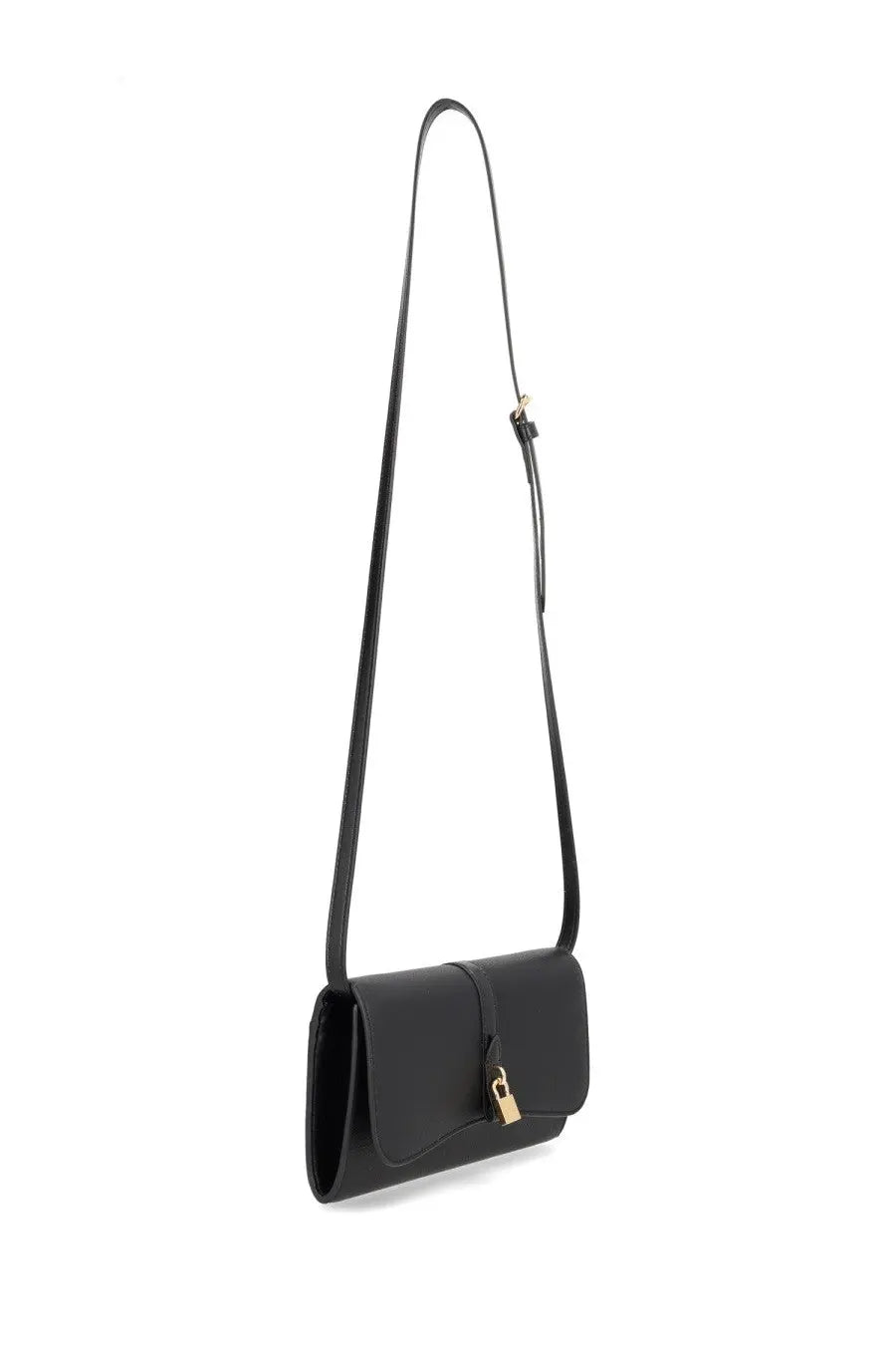 Stella McCartney women’s black leather crossbody flap Ryder bag with gold-tone padlock clasp