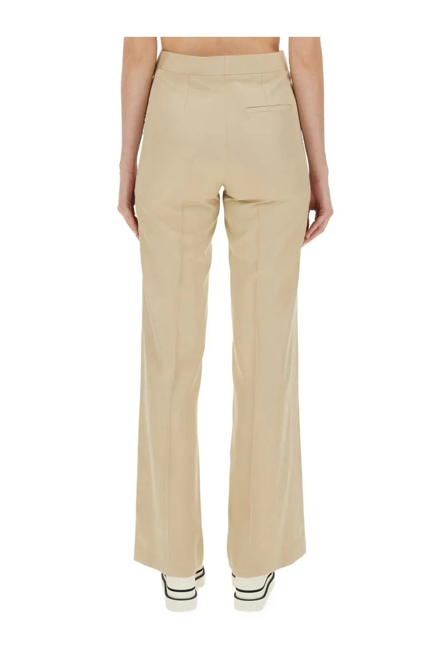 Stella McCartney women’s beige high-waisted flare fit pants with straight-leg cut and subtle front pleats