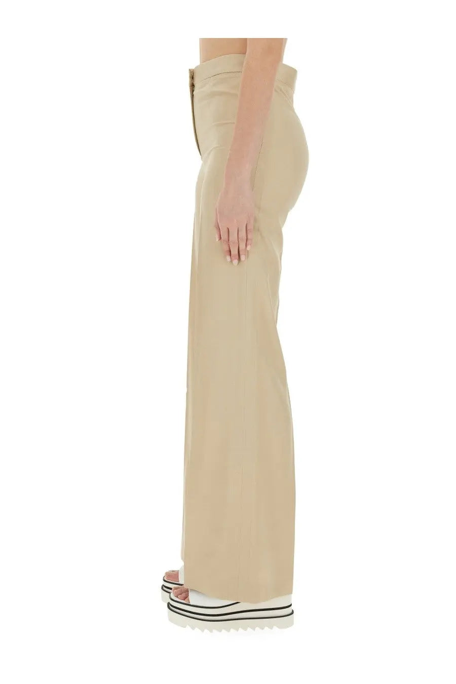 Stella McCartney women’s beige high-waisted flare fit pants with wide legs and front zipper closure