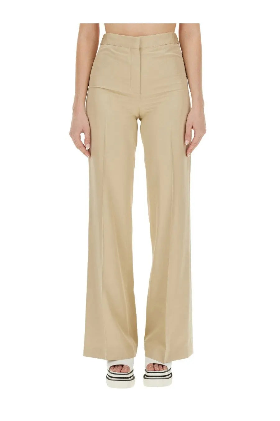 Stella McCartney women’s beige high-waisted wide-leg trousers with sleek tailored fit and subtle front pleats