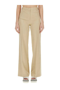 Stella McCartney women’s beige high-waisted wide-leg trousers with sleek tailored fit and subtle front pleats