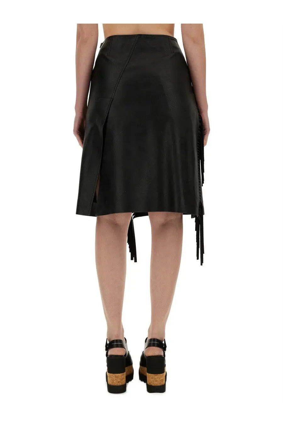 Black leather skirt by Stella McCartney featuring asymmetrical fringe detailing in a stylish womens design