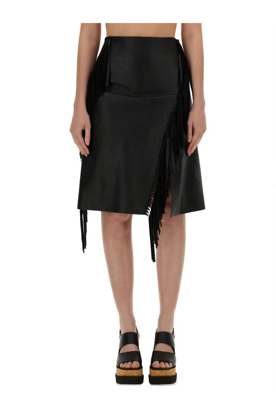 Stella McCartney women’s black leather fringe skirt with asymmetrical hem and side slits front view