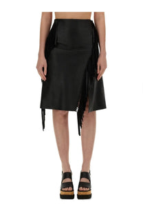 Stella McCartney women’s black leather fringe skirt with asymmetrical hem and side slits front view
