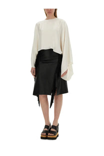 Stella McCartney women’s black leather fringe skirt with asymmetrical hem and wide waistband front view